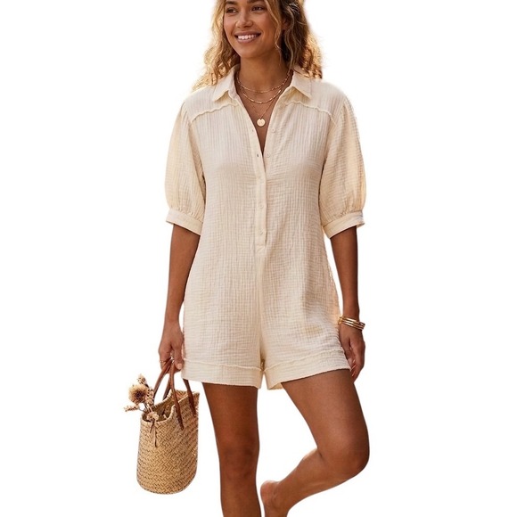 Before You With Love Pants - Cream Cotton Gauze Button Front Puff Sleeve Lightweight Romper Pockets Medium